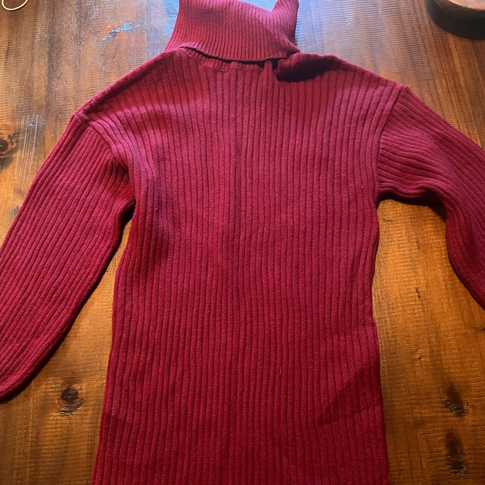 Ribbed Burgundy Turtleneck Sweater Dress with Bishop Sleeves